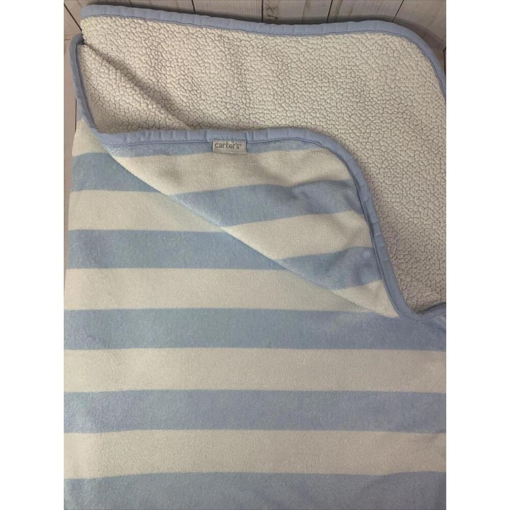 Carters‎ Baby Blanket Blue White Striped Sherpa Fleece Plush Nursery 1627